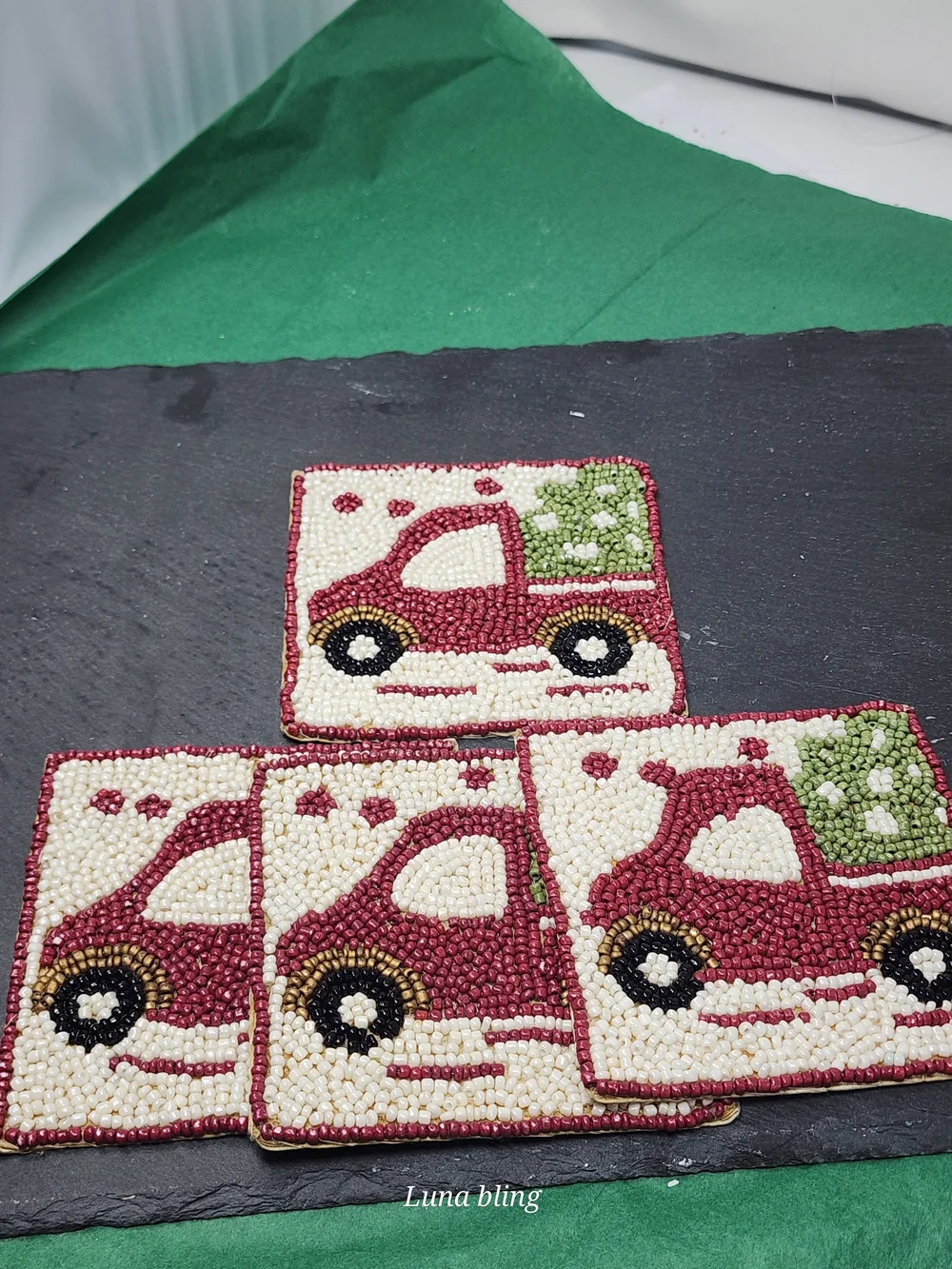 Handcrafted Red Truck Bead Coasters - Home Accents